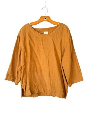 Vikolino 100% European Linen Top Lagenlook Yellow 3/4 Sleeve Beachy Coastal XL